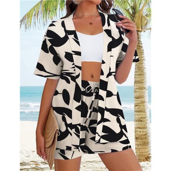 Women's 2 Piece Outfits Kimono Style Tropical Print Cover Ups Half Sleeve Blouse - Picture 2 of 6